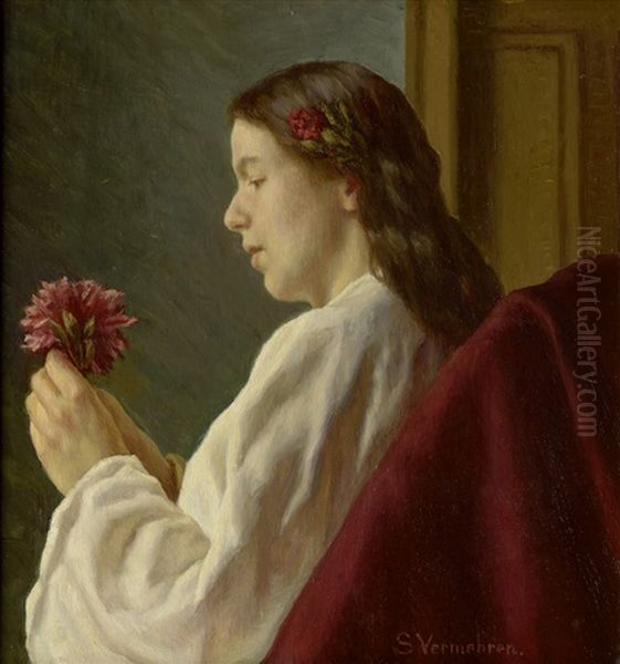 Bildnis Einer Frau Im Profil Mit Roter Dahlie Oil Painting by Sophus Vermehren