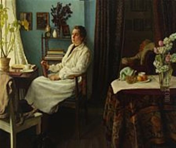 Interior With A Young Woman By The Window Oil Painting by Sophus Vermehren