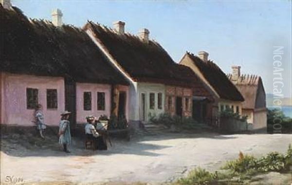 Street Scape With An Female Artist At The Easel, Presumably The Artist's Wife, Yelva Vermehren Oil Painting by Sophus Vermehren