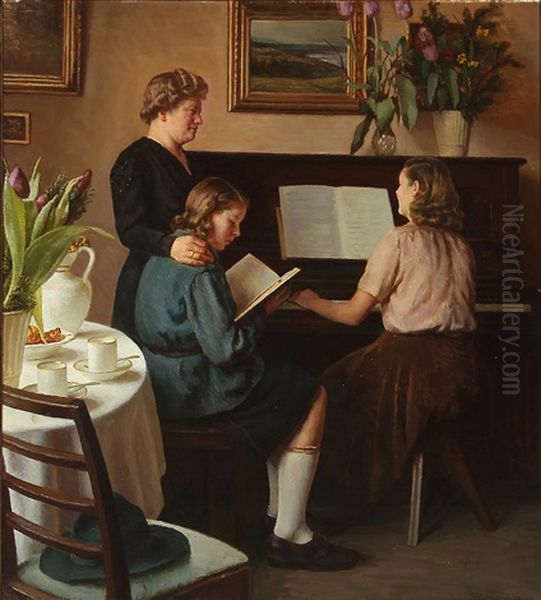 Singing And Piano Playing In The Living Room Oil Painting by Sophus Vermehren