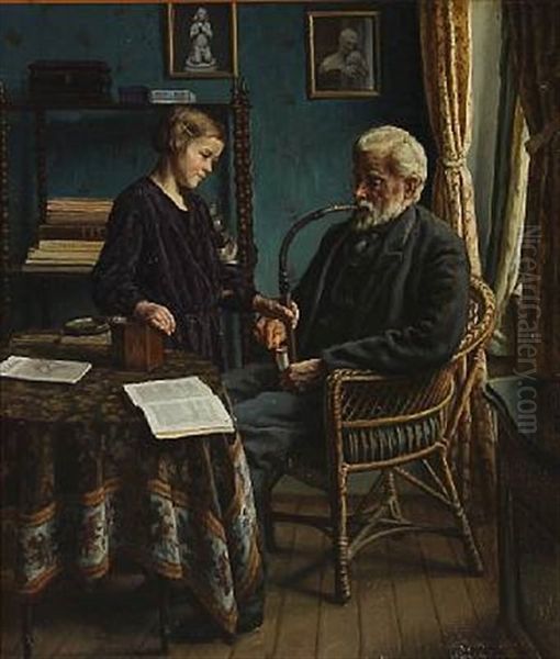 Interior With An Older Man And A Girl Oil Painting by Sophus Vermehren