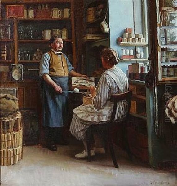 Grocery Store Interior Oil Painting by Sophus Vermehren