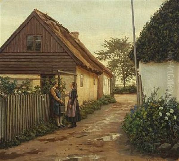 Two Women Having A Conversation In A Village Oil Painting by Sophus Vermehren