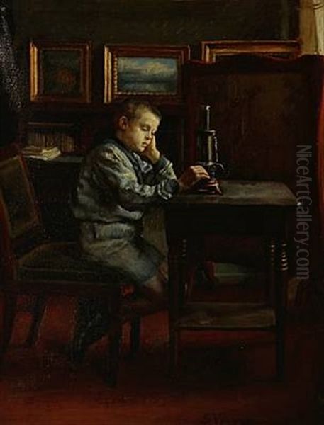 Interior With A Boy Who Plays With His Steam Engine (artist's Son?) Oil Painting by Sophus Vermehren