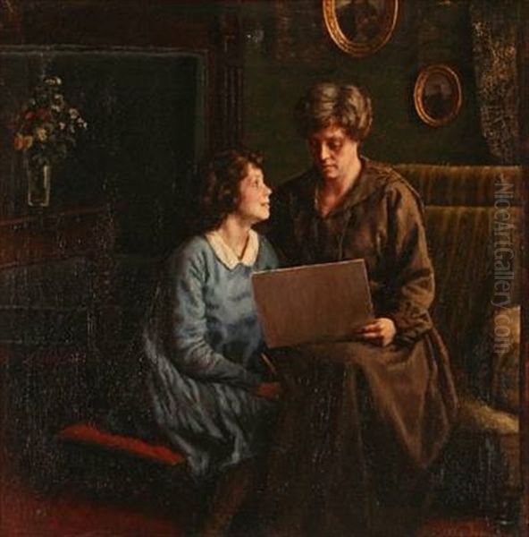 Interior With A Mother Admiring Her Daughter's Drawing Oil Painting by Sophus Vermehren