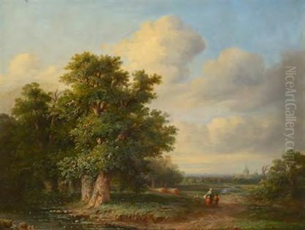 Landschaft Mit Eichen Und Heimkehrender Mutter Mit Kind, Im Hintergrund Ortschaft by Andre Vermeulen