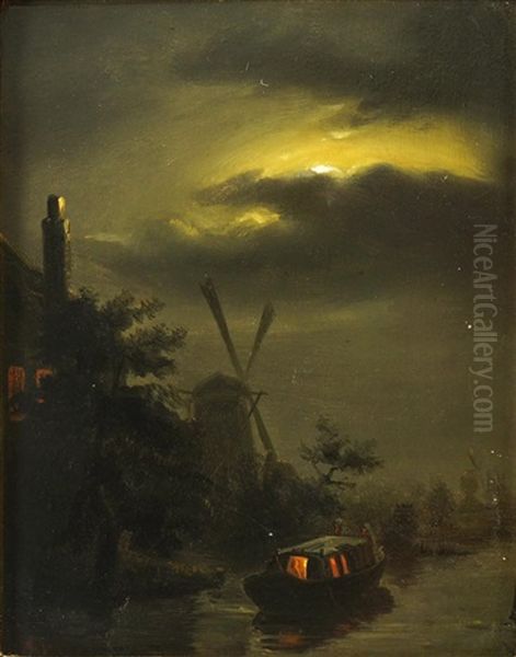 Nachtliche Flusslandschaft Mit Windmuhle, Architekturstaffage Und Beleuchtetem Boot Oil Painting by Andre Vermeulen