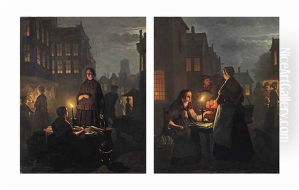 A Nocturnal Market Scene With A Poultry Seller; A Nocturnal Market Scene With A Vegetable Seller (pair) Oil Painting by Andre Vermeulen