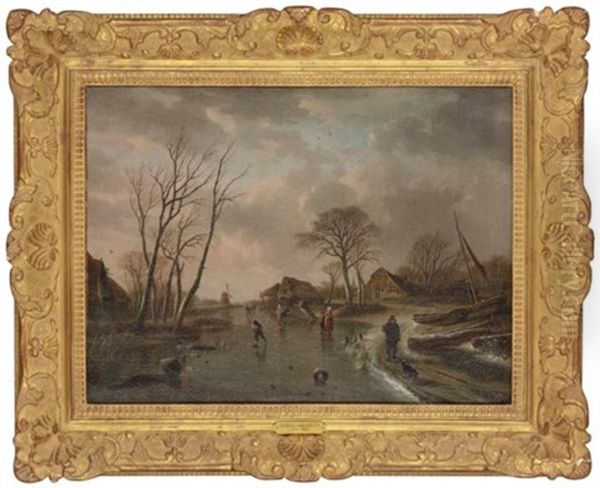 A Winter Landscape With Figures Before A Hamlet Oil Painting by Andries Vermeulen