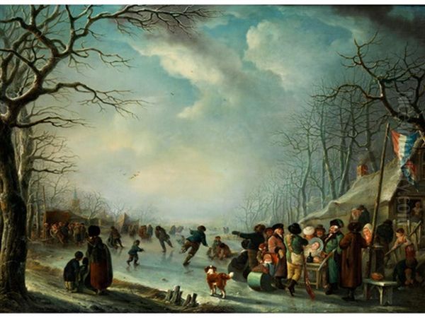 Schlittschuhvergnugen Auf Dem Eis Oil Painting by Andries Vermeulen