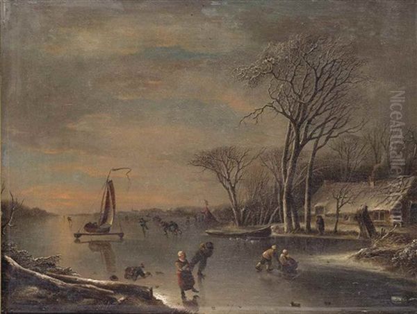 A Frozen River Landscape, With Skaters And Children On The Ice By A Cottage Oil Painting by Andries Vermeulen