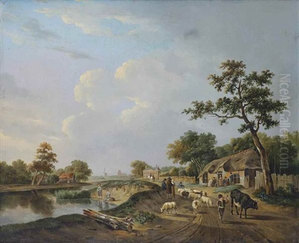 A River Landscape With A Shepherd And Other Figures On A Track Near A Farmhouse, Horsemen Before A Mansion In The Distance Oil Painting by Andries Vermeulen