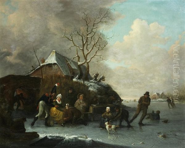 Figures Resting On The Ice Oil Painting by Andries Vermeulen