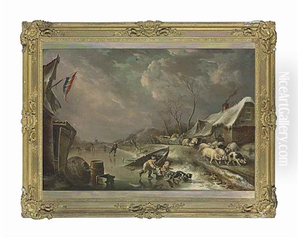 A Frozen River Landscape, With Skaters And Children On The Ice, Pigs And A Wagon On A Road By A Cottage Oil Painting by Andries Vermeulen