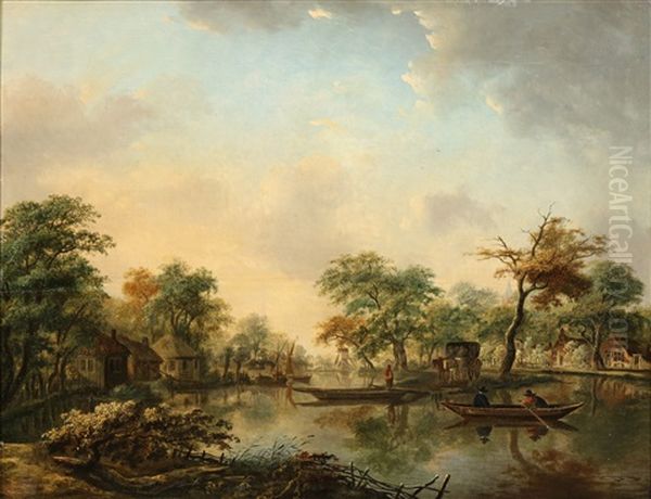 River Landscape With River Crossing Oil Painting by Andries Vermeulen