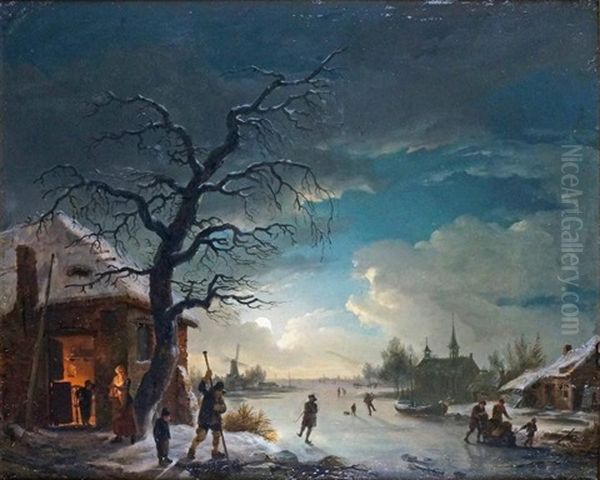 Patineurs Sur Un Lac Gele Au Clair De Lune Oil Painting by Andries Vermeulen