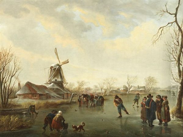 Figures Skating On A Frozen River By A Windmill by Andries Vermeulen