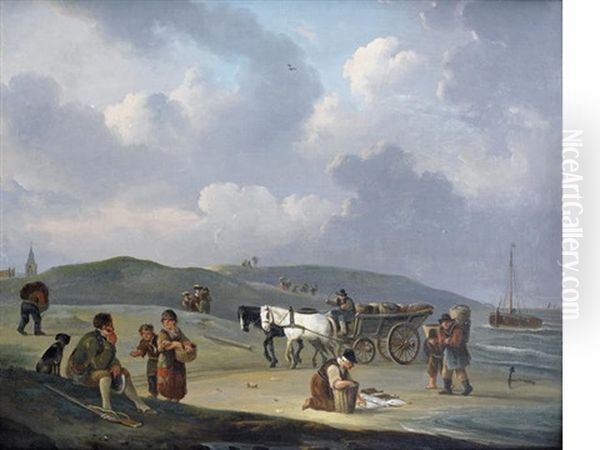 Fishermen Bringing In Their Catch Oil Painting by Andries Vermeulen