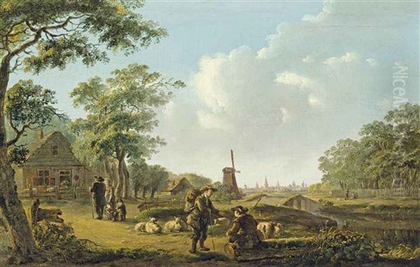 A Wooded River Landscape With A Shepherd And His Flock Conversing With A Traveller On A Track, A City Beyond Oil Painting by Andries Vermeulen