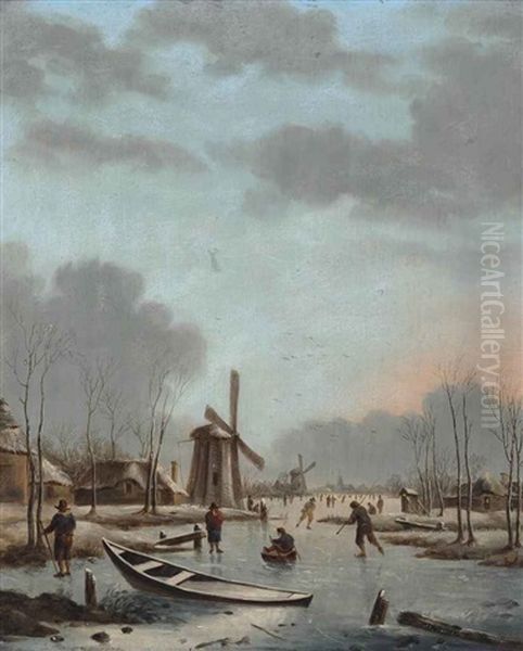 A Winter Landscape With Figures Skating On A Frozen Lake, Windmills Beyond Oil Painting by Andries Vermeulen