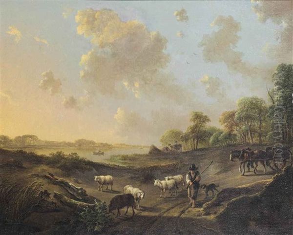 A River Landscape With A Shepherd And His Flock And A Horse Drawn Cart Oil Painting by Andries Vermeulen