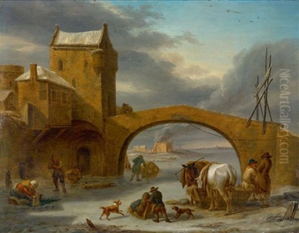 Pont Traversant Une Riviere Gelee Animee De Promeneurs Oil Painting by Cornelis Vermeulen