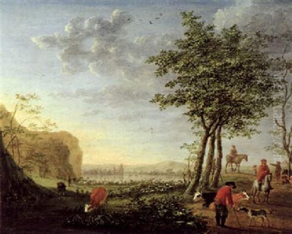 Weite Fluslandschaft Mit Reitern Und Herde Oil Painting by Cornelis Vermeulen