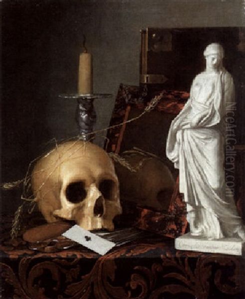 A Vanitas Still Life Of A Skull, A Guttering Candle, A Tortoiseshell Mirror, A Book, A Statue And A Pack Of Cards Oil Painting by Cornelis Vermeulen