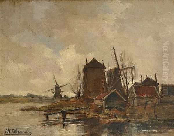 Dutch Windmills By A Lake Oil Painting by Cornelis Martinnus Vermeulen