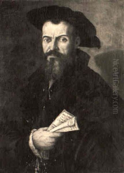 Portrait Of A Gentleman Wearing A Black Coat And Cap Holding A Document Oil Painting by Jan Cornelisz Vermeyen