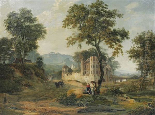 Romantische Waldlandschaft Mit Rastenden Bauern Und Wanderer Vor Einem Schlos Oil Painting by Seraphine Francois Vermote