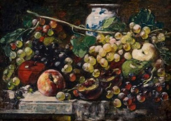 Vase Et Fruits D'ete Sur Un Entablement Oil Painting by Francois Vernay