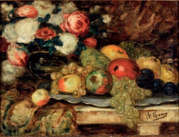 Nature Morte Aux Roses Et Fruits D'automne Oil Painting by Francois Vernay