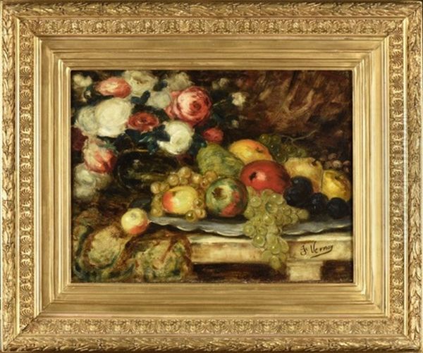 Nature Morte Aux Roses Et Fruits D'automne Oil Painting by Francois Vernay