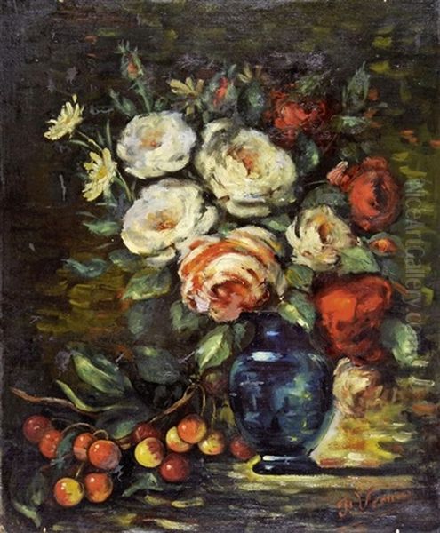 Vase De Roses Et Branche De Cerises Oil Painting by Francois Vernay