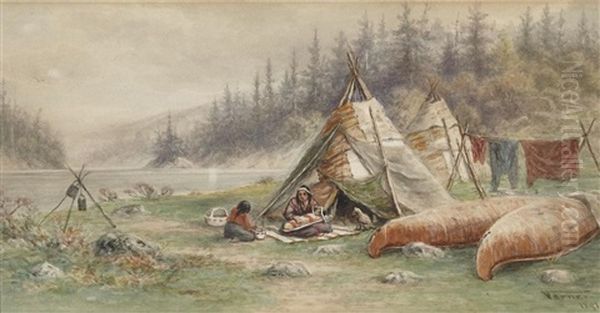 Ojibawa Wigwams, Lake Shebandowan Oil Painting by Frederick Arthur Verner