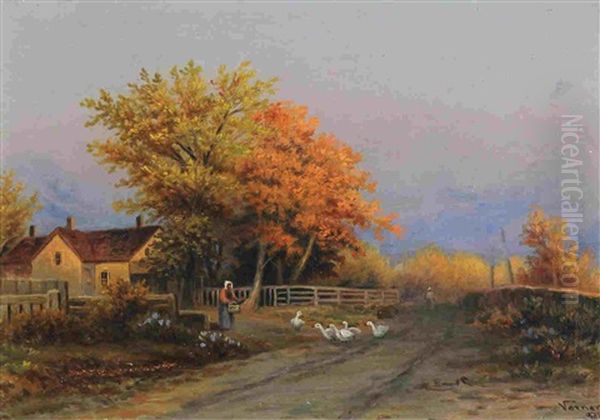 Farmhouse With Figures And Geese On A Country Path Oil Painting by Frederick Arthur Verner