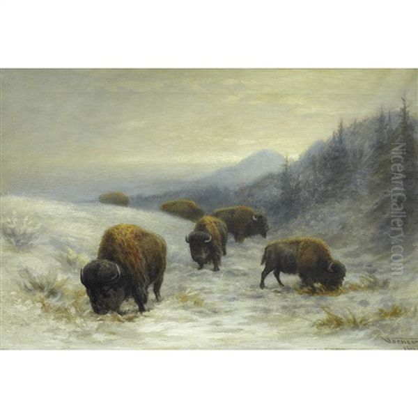 Buffalo Grazing, Winter Oil Painting by Frederick Arthur Verner