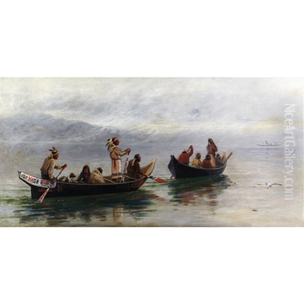 Indians Paddling West Coast Canoes Oil Painting by Frederick Arthur Verner