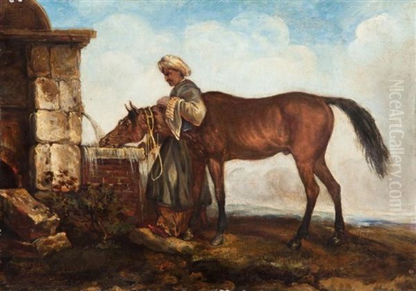 Cheval Arabe Et Son Cavalier Buvant A La Fontaine Oil Painting by Carle Vernet