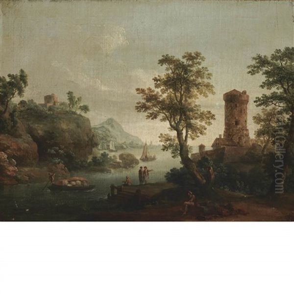 River Landscape With Figures And A Tower Oil Painting by Carle Vernet