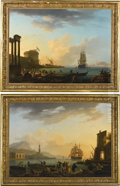 Morning: A Mediterranean Harbour Scene With Fishermen Laying Out Their Nets; Evening: A Mediterranean Harbour Scene With Fishermen And Their Catch Oil Painting by Claude Joseph Vernet