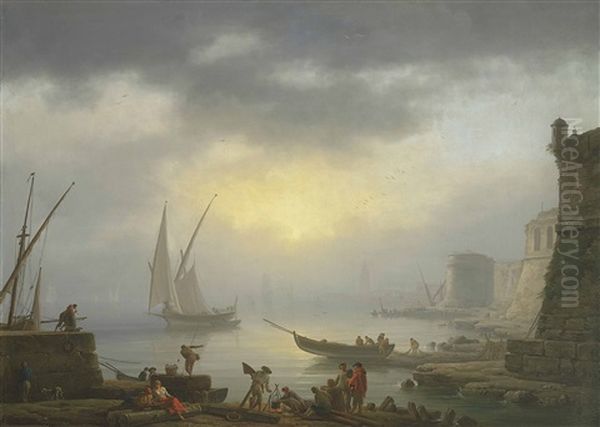 A Harbour At Sunrise Oil Painting by Claude Joseph Vernet