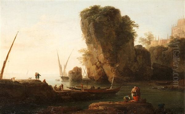 A Cove On A Rocky Mediterranean Coast, With Small Vessels And Fishermen by Claude Joseph Vernet