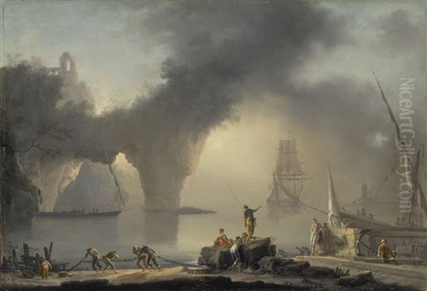 View Of A Mediterranean Port At Sunrise, With Fishermen Along The Shore In The Foreground, A Natural Bridge Beyond Oil Painting by Claude Joseph Vernet