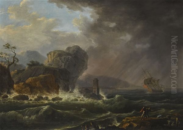 A Landscape With Fishermen On A Rock, With Ships Beyond In Heavy Seas Oil Painting by Claude Joseph Vernet