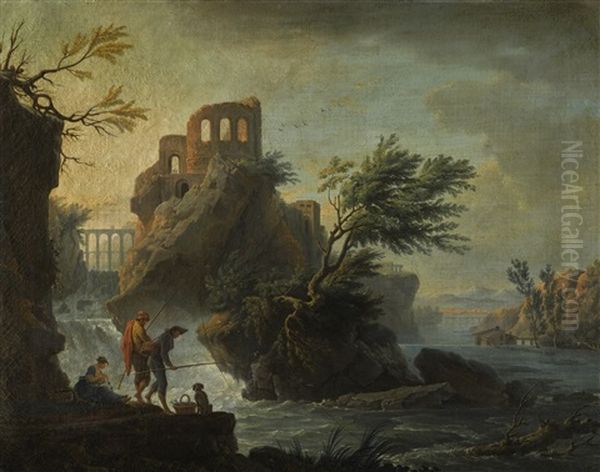 Le Matin' (or 'la Peche A La Ligne') Oil Painting by Claude Joseph Vernet