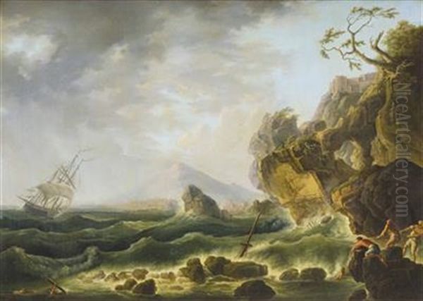 Sturmische Kustenlandschaft Mit Dreimaster Und Bergenden Oil Painting by Claude Joseph Vernet