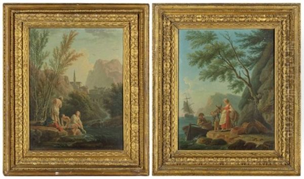 A Mountainous River Landscape With Women Bathing; And A Coastal Landscape With Fishermen Unloading Their Catch (2) Oil Painting by Claude Joseph Vernet