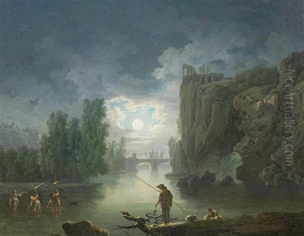 Flusslandschaft Mit Nachtlichen Fischern Oil Painting by Claude Joseph Vernet